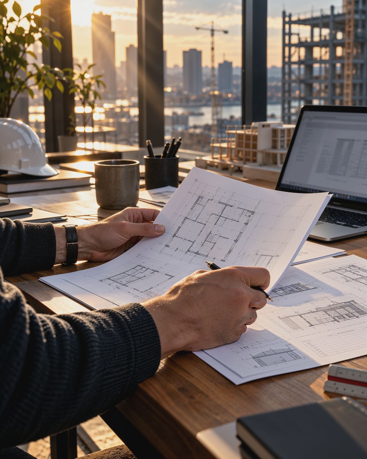 Hands reviewing construction drawings at a desk, with a laptop and a building site beyond the window.