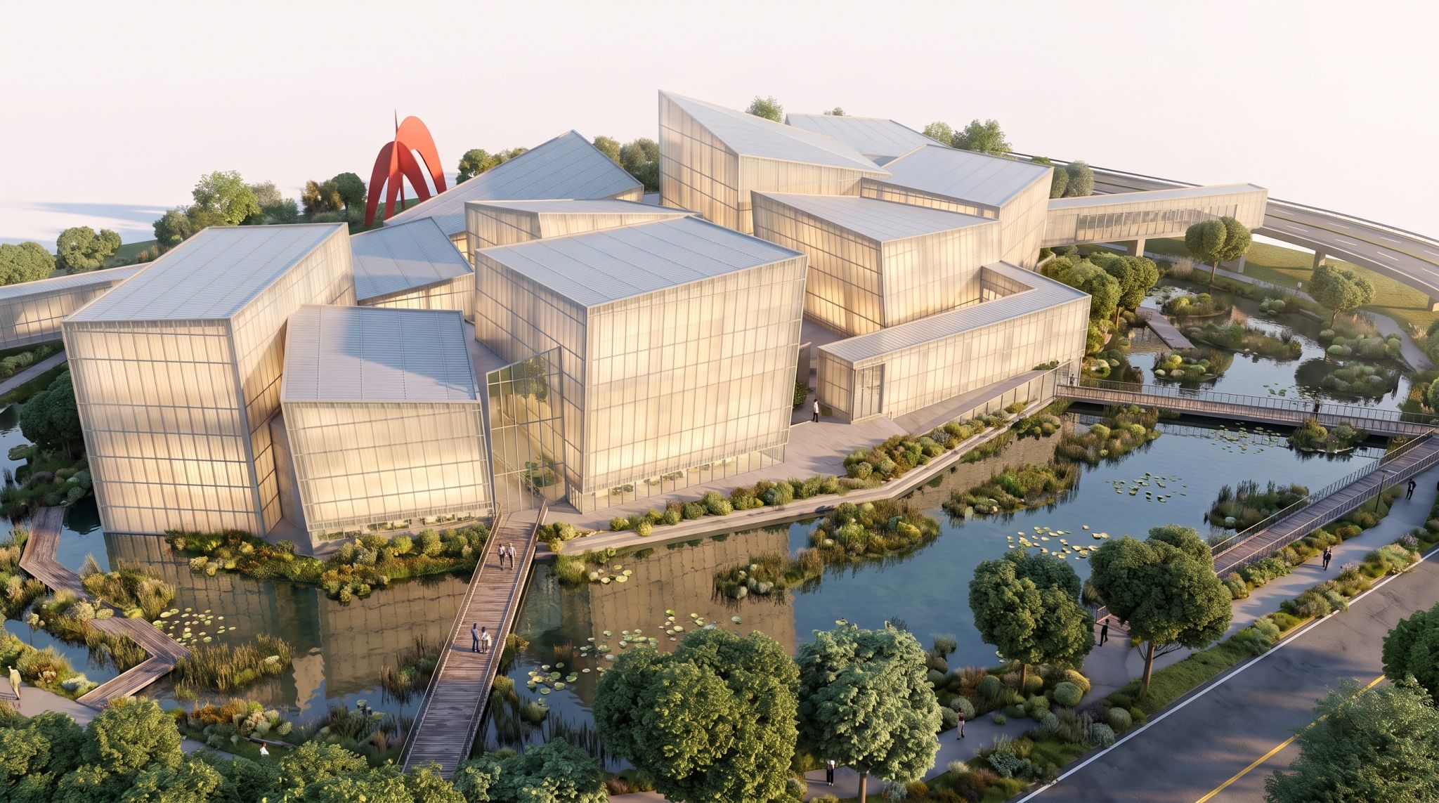 Architectural rendering of a group of translucent buildings surrounded by planted waterways, trees, and pedestrian bridges.