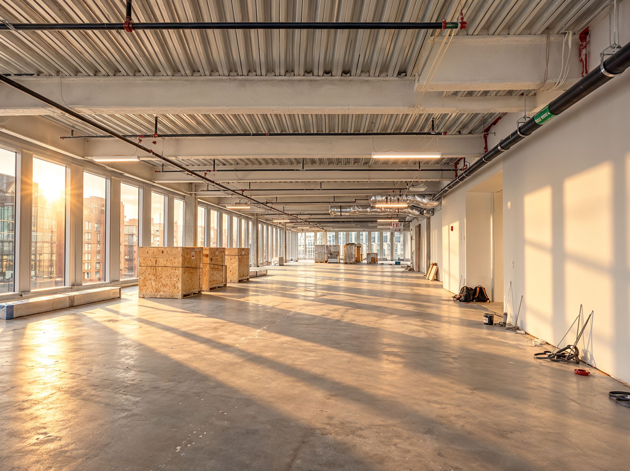 An unfinished office floor with exposed services, material crates, and sunlight through tall windows.