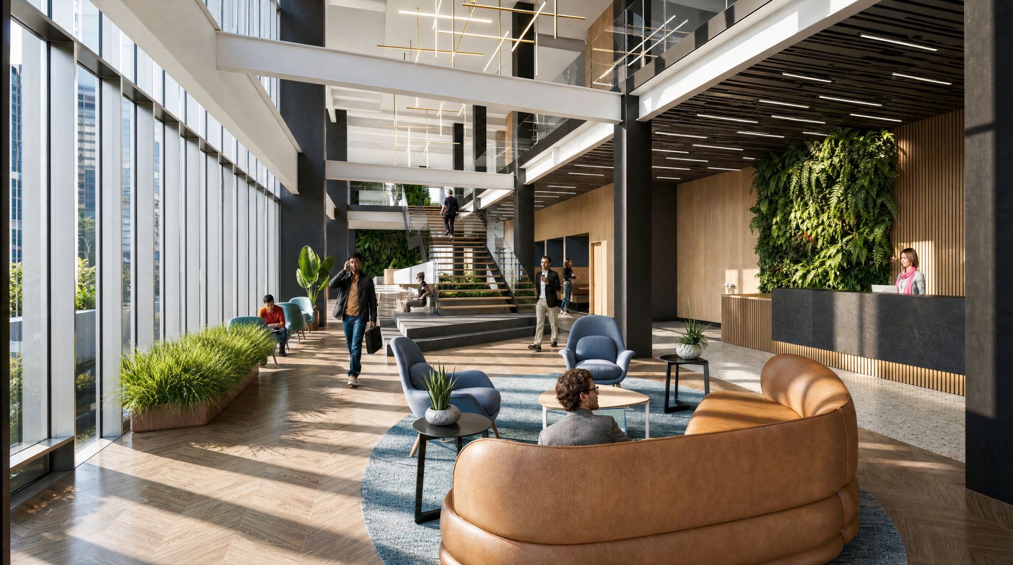 Concept view of a light-filled lobby with seating, timber finishes, and a planted wall.