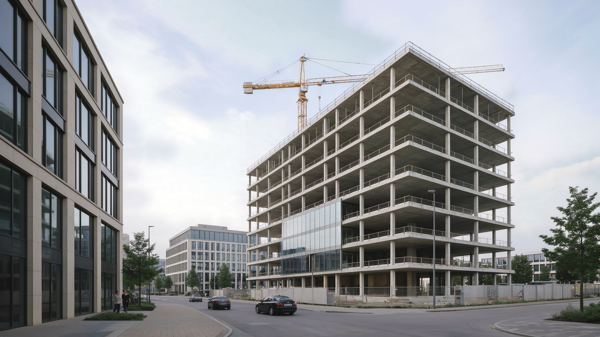 A concrete building under construction beside completed office buildings, with tower cranes above the site.