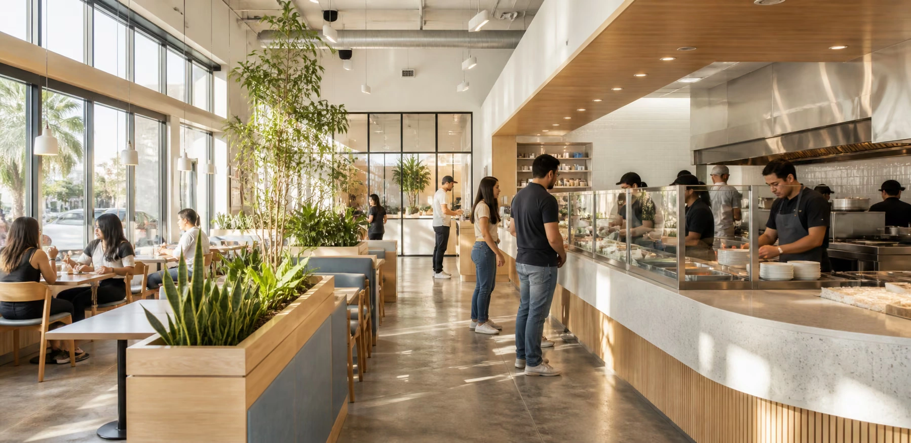 A restaurant interior with an open commercial kitchen, exposed services, and a sunlit dining area.